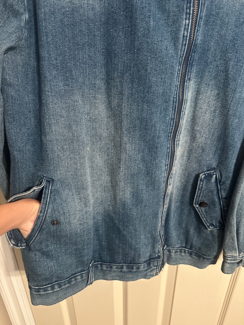 Gypsy Warrior Asymmetrical Full-Zip Denim Jean Jacket, Medium Blue Wash, Sz XL - Picture 5 of 16